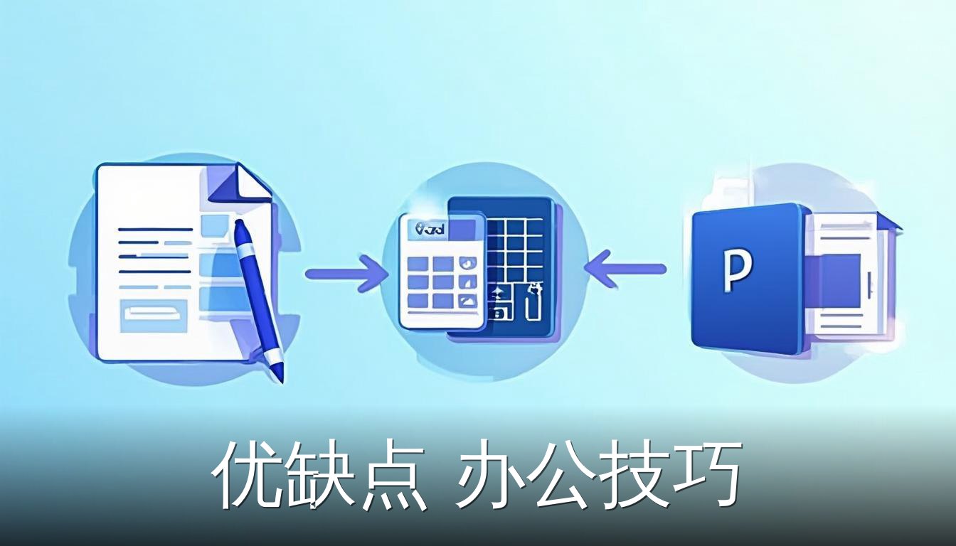 办公技巧优缺点对比：Word、Excel、PowerPoint图标用箭头连接表示工具选择