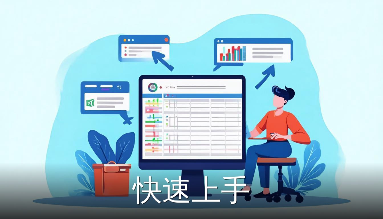 Excel训练办公技巧的扁平插画，展示电脑屏幕上的表格和公式
