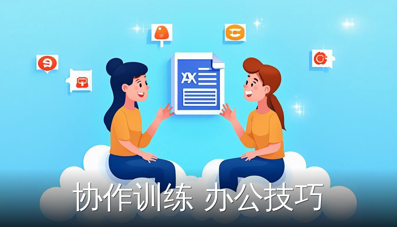 多人协同编辑办公技巧的扁平插画，展示云端协作与共享