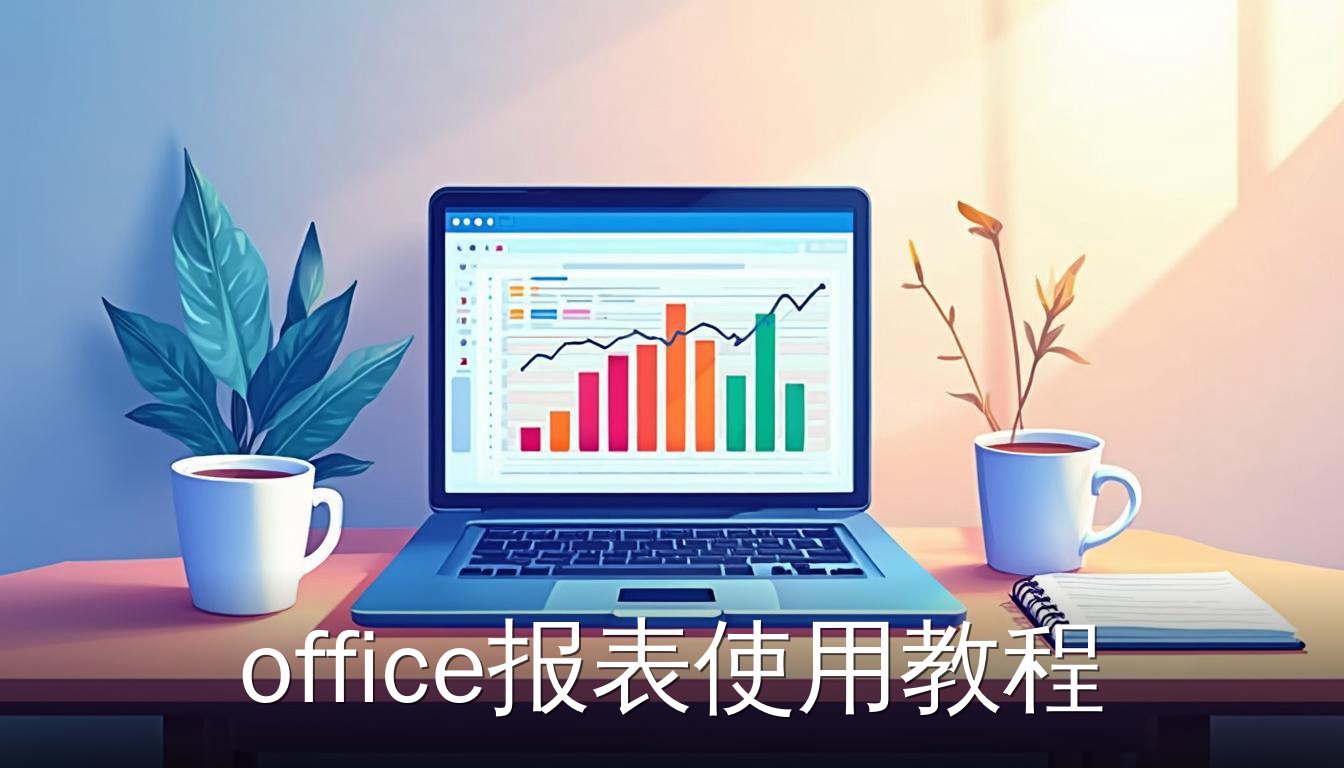 办公桌上笔记本电脑显示数据看板，旁边有咖啡杯和笔记本，代表office报表使用教程