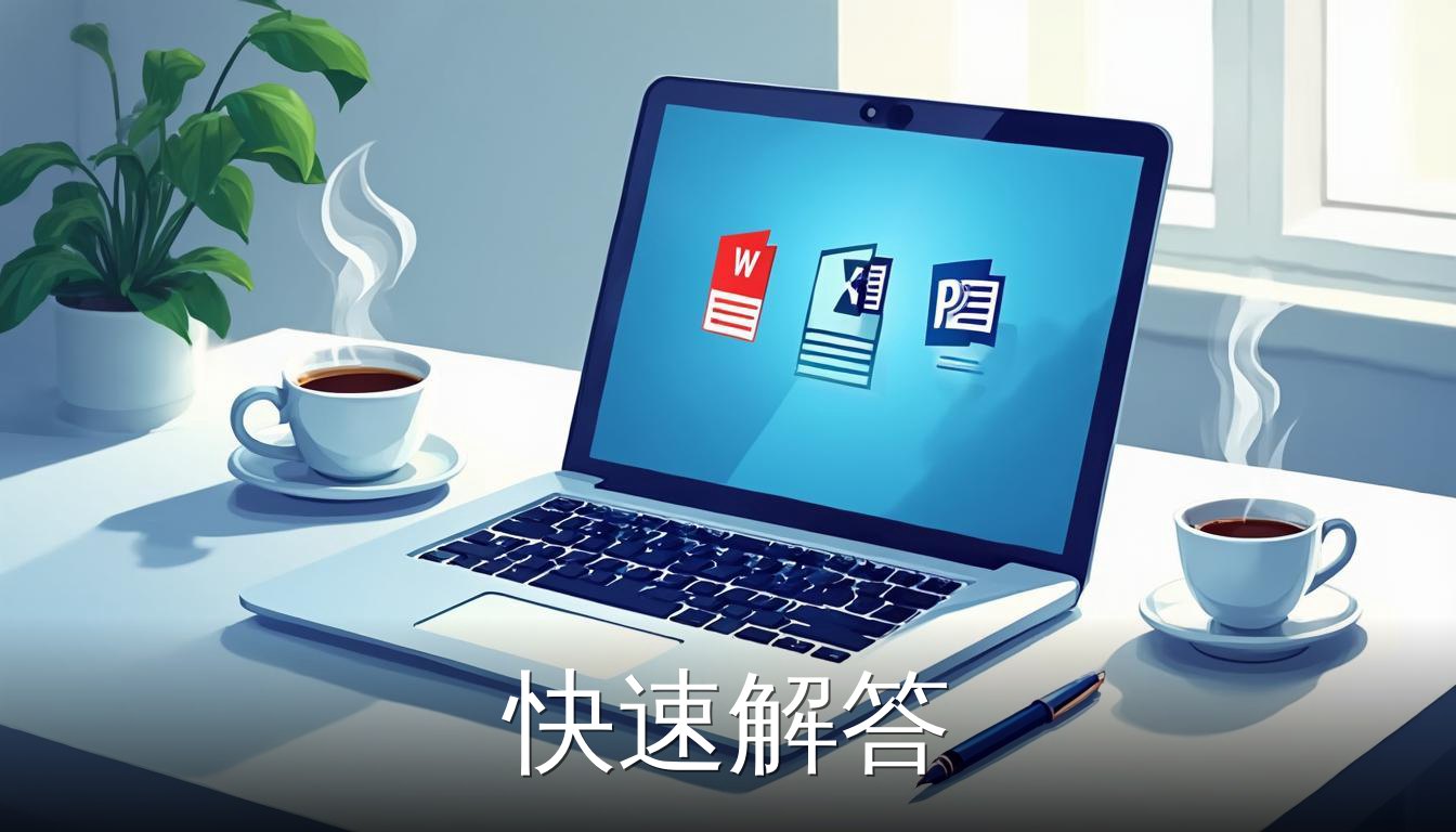 办公桌上笔记本电脑显示Word、Excel和PowerPoint图标，代表office入门基础知识