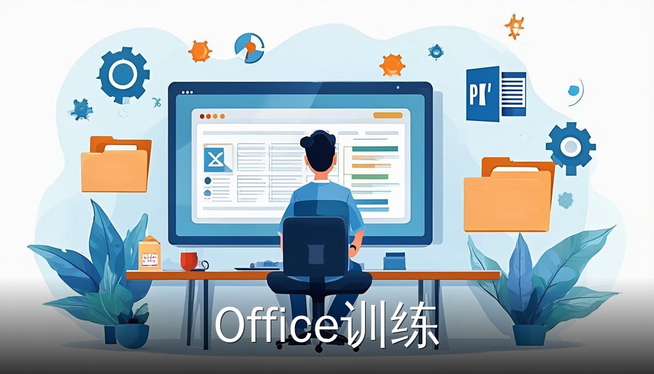 Office训练核心概念：电脑屏幕显示办公软件界面，周围有文件夹和图表图标