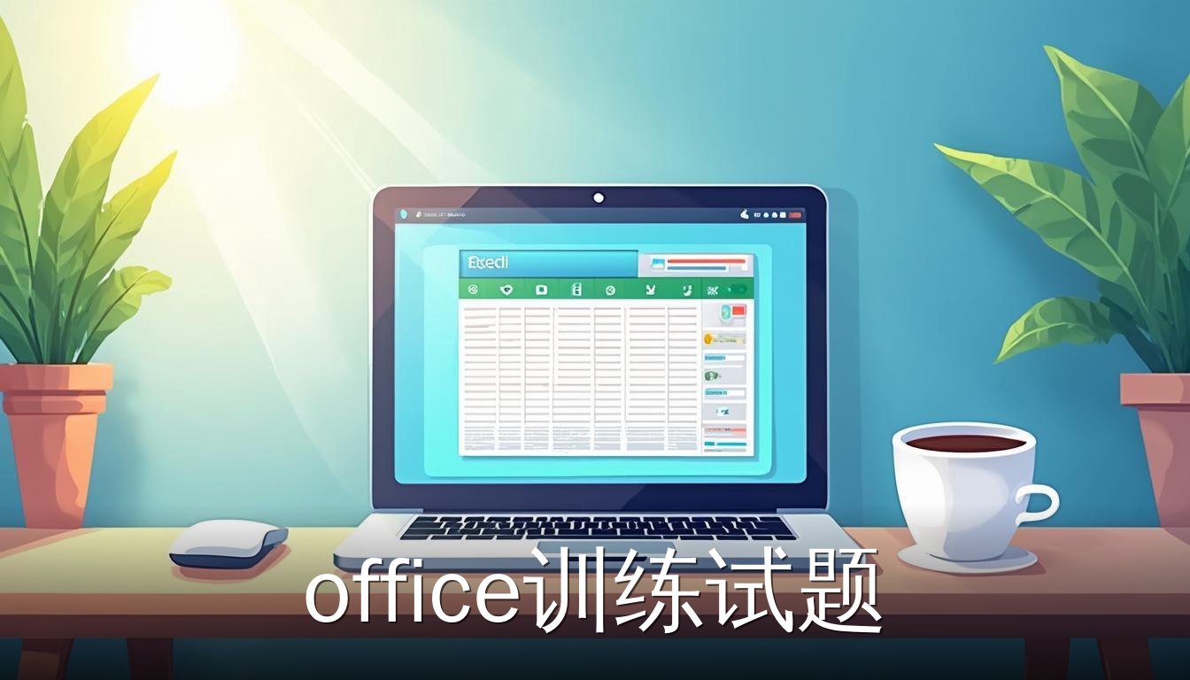 办公桌上笔记本电脑显示Excel表格，周围有鼠标和咖啡杯，代表office训练试题场景